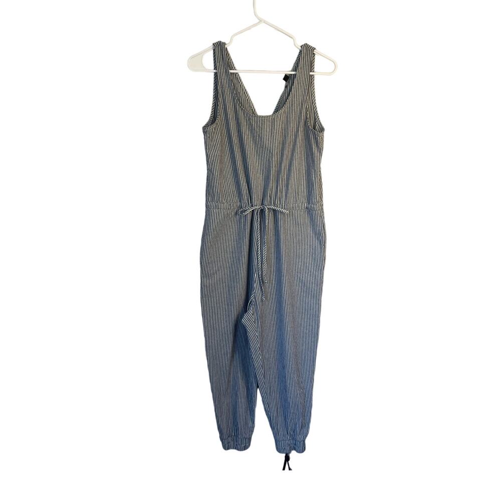 DREW Anthropologie Pin Stripe Blue Ivory Jumpsuit Pockets Criss Cross Back sz. M